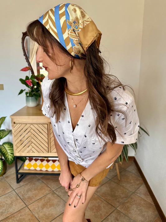 1970's vintage tan , light blue and yellow silk floral scarf