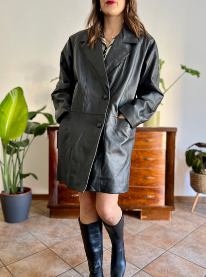 1980's vintage oversize black leather jacket with asymmetrical buttons