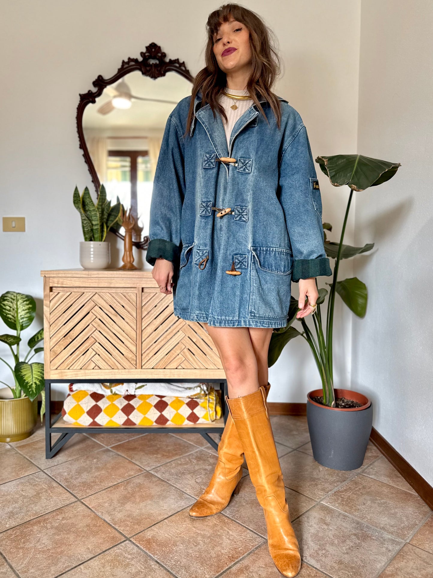 1990’s vintage denim duffle coat with green and navy plaid lining