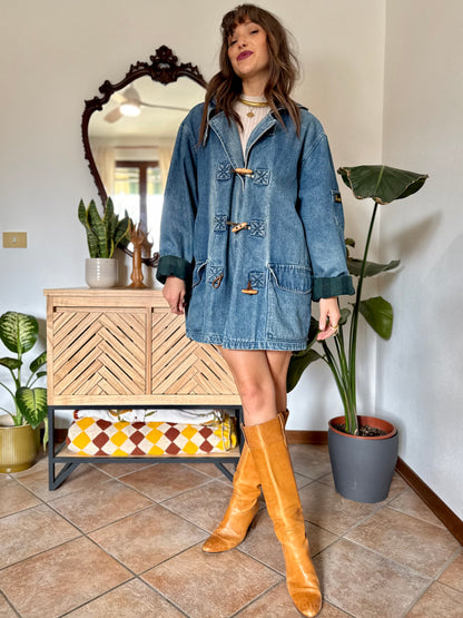 1990’s vintage denim duffle coat with green and navy plaid lining