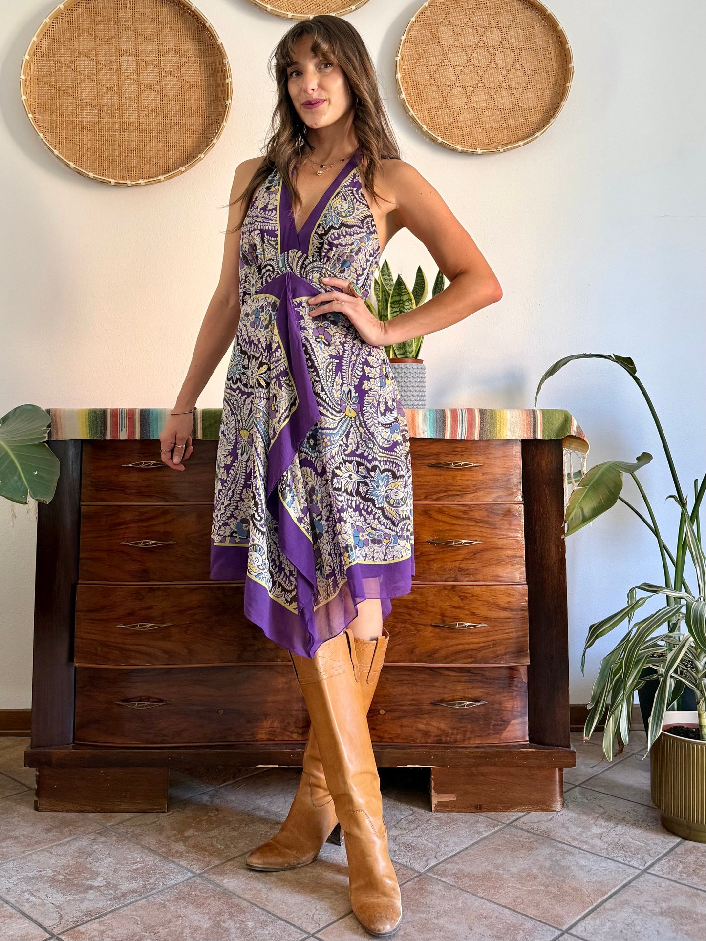 Y2k vintage purple and yellow floral silk halter top midi dress