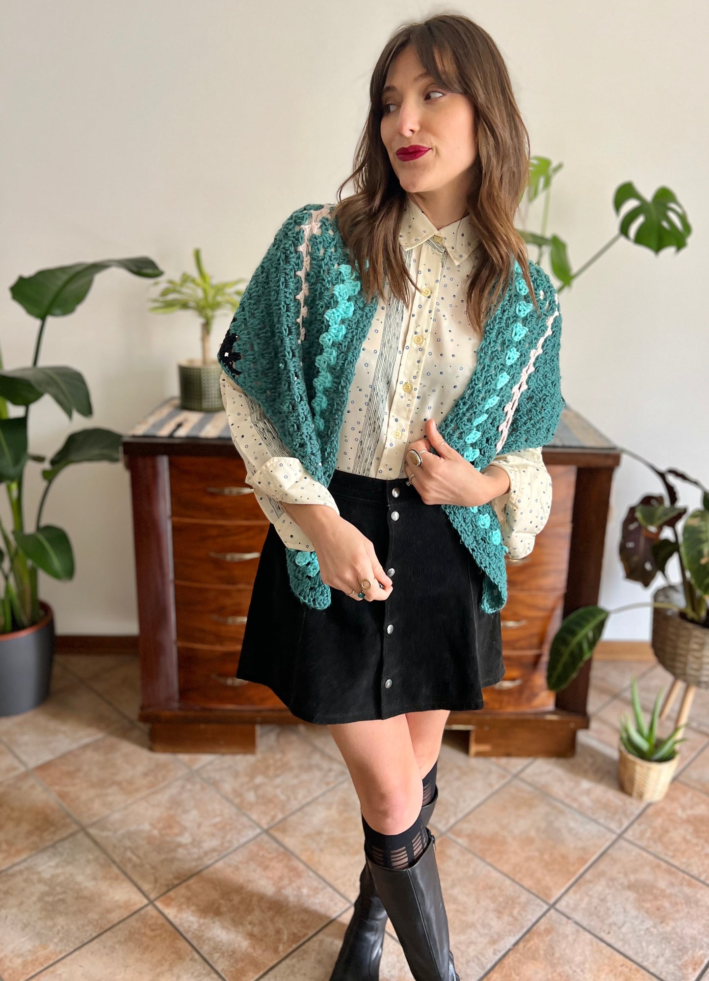 1970's vintage hand knit wool teal , black and yell stripe knit shawl