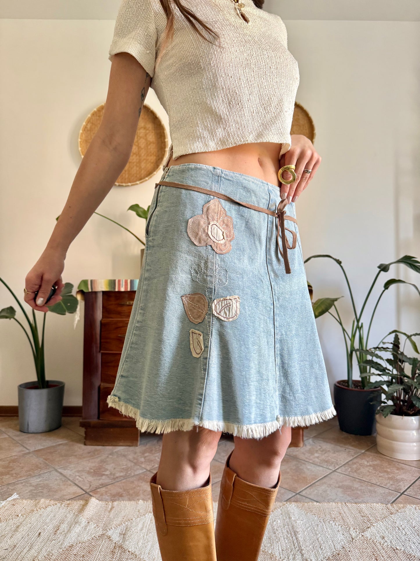 Y2K vintage denim skirt with beige floral patch detailing