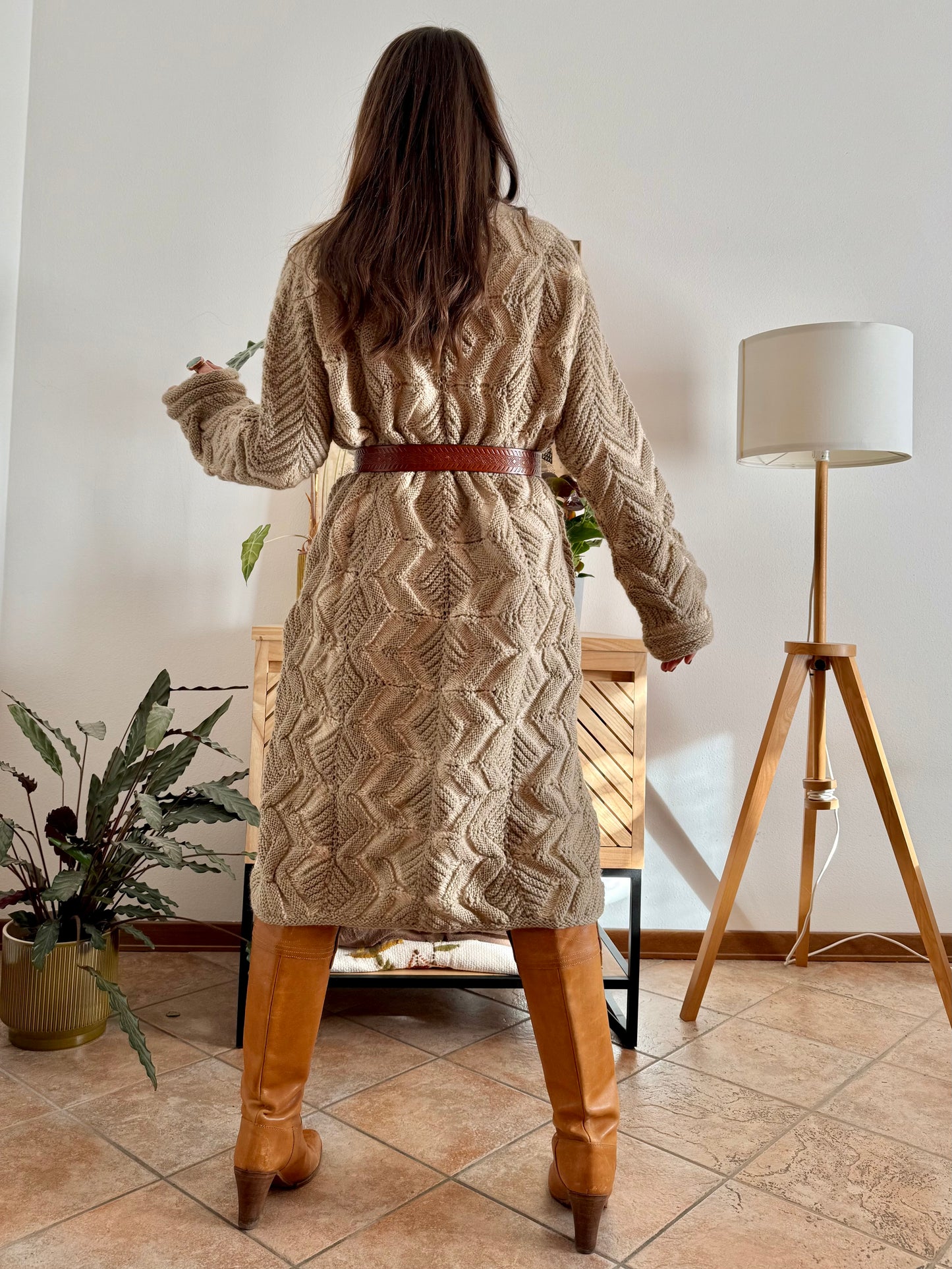 1970's vintage beige and cream chevron knit wool button down midi dress