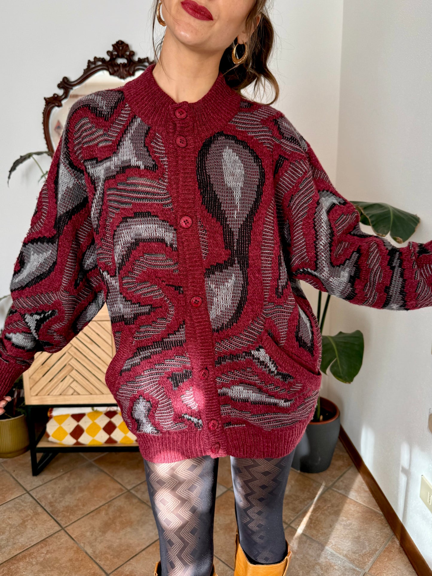 1970’s vintage burgundy, grey and black knit dress