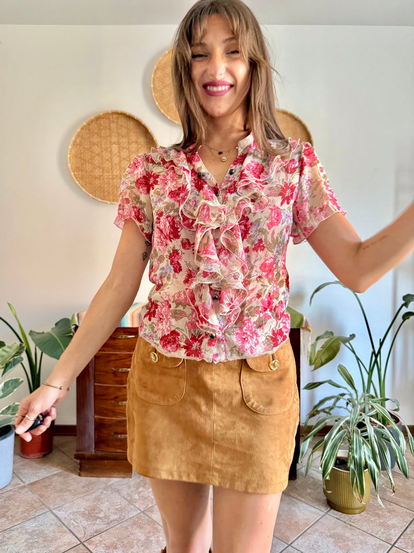 Y2K vintage pink floral ruffle silk blouse