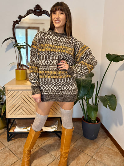 1970's vintage chocolate brown and mustard yellow geometric knit wool pullover