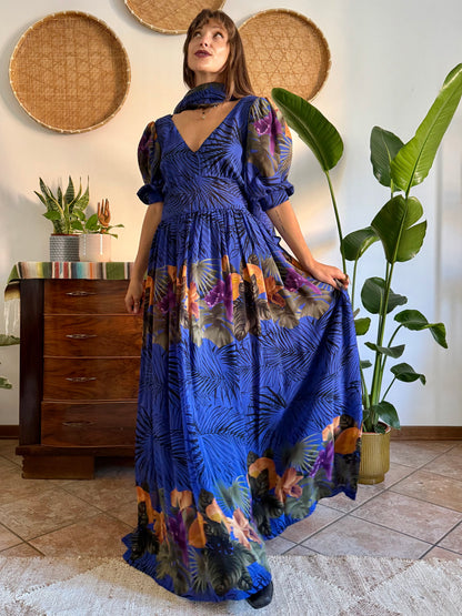 1960’s vintage blue floral silk evening gown with matching scarf and belt