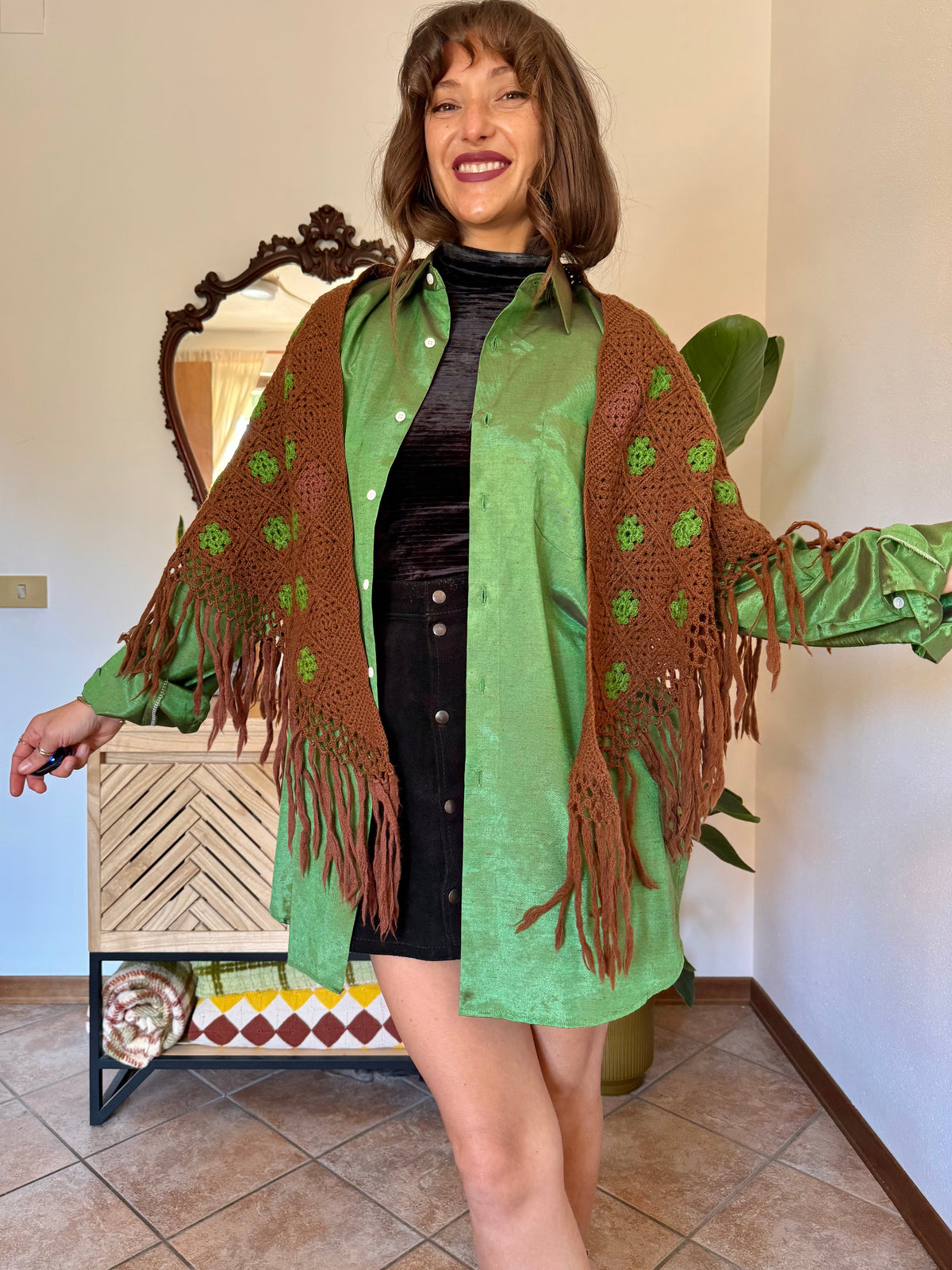 1970’s vintage chocolate brown and green knit shawl with fringe trim