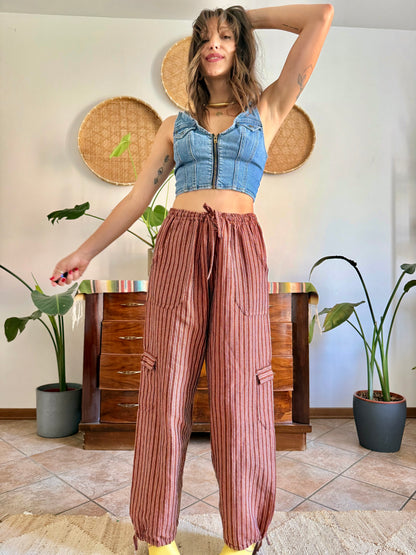 1990’s vintage chocolate brown and pink stripe woven wide leg trousers