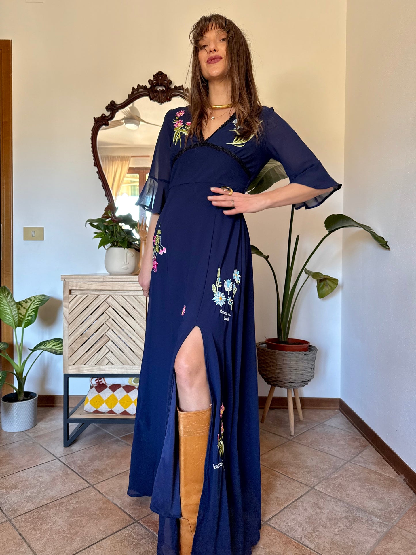 Y2k vintage navy blue belle sleeve maxi dress with floral embroidery