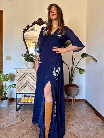 Y2k vintage navy blue belle sleeve maxi dress with floral embroidery