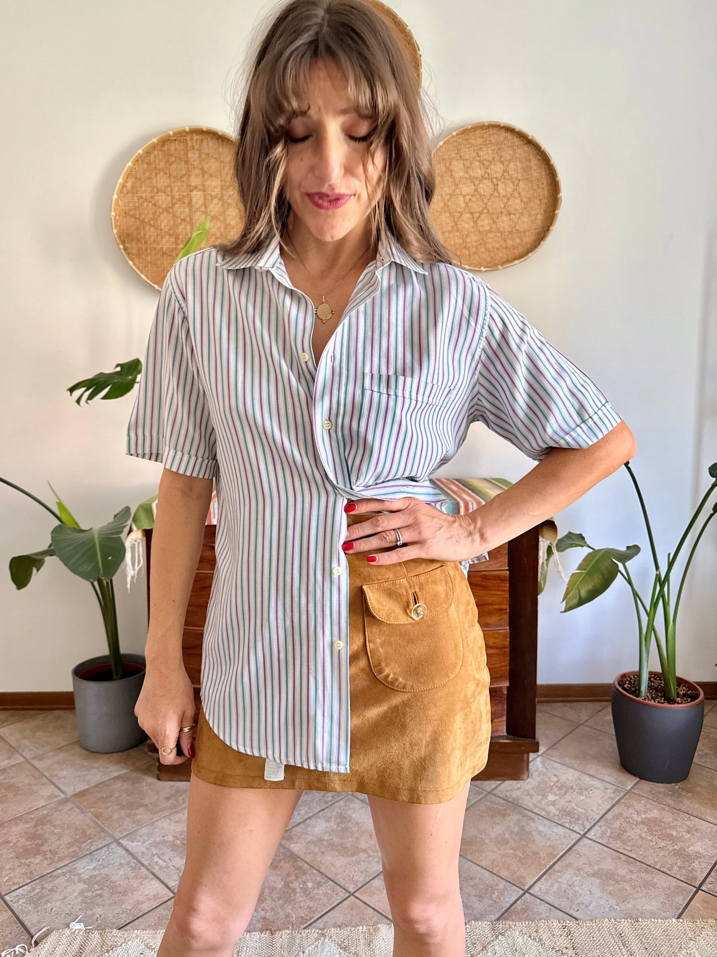 1970’s vintage lavender, turquoise and cream vertical stripe shirt