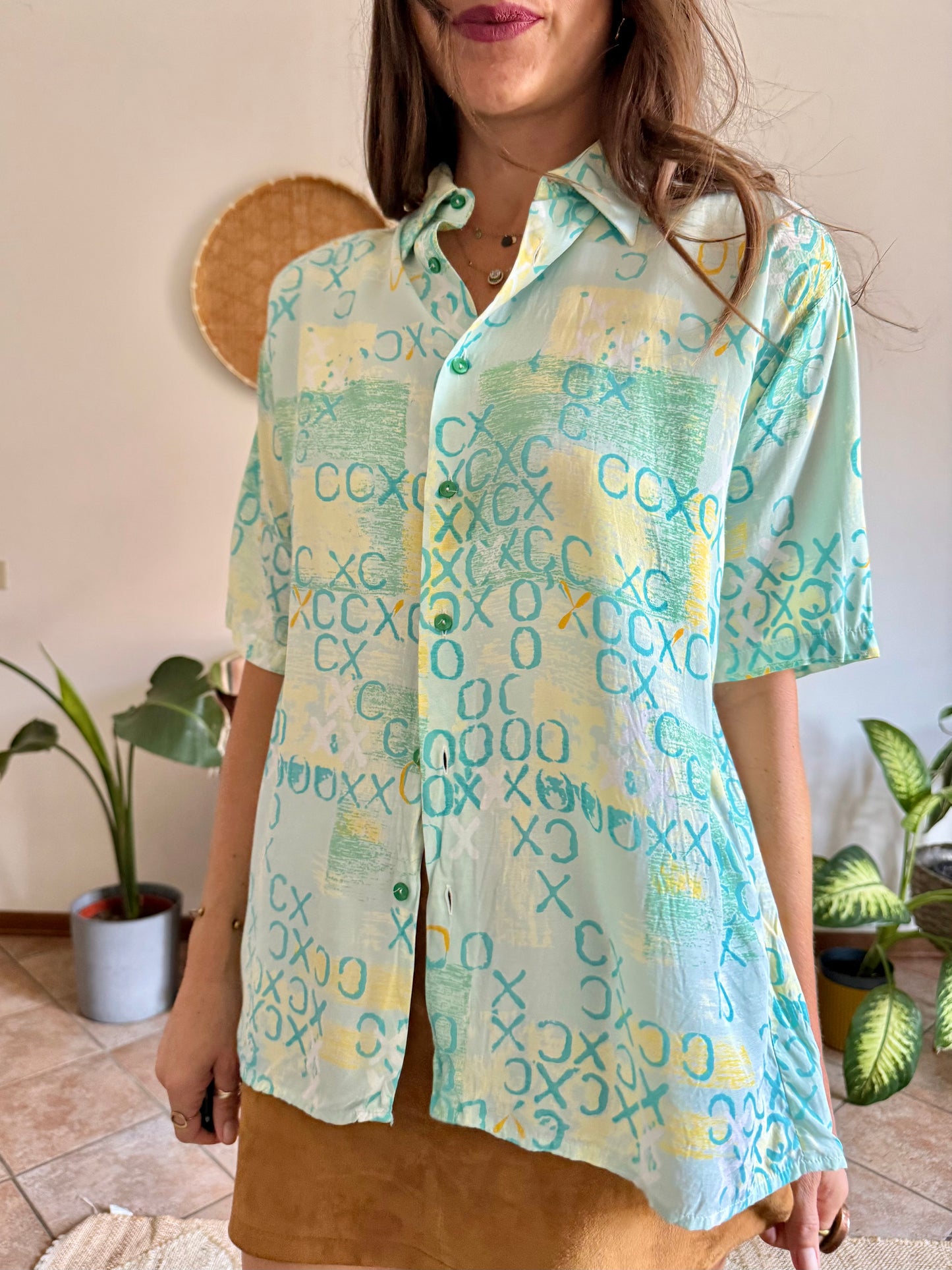 1990’s vintage yellow, teal and turquoise geometric print top