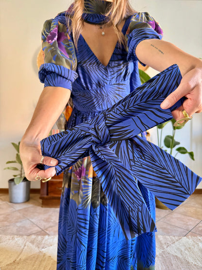 1960’s vintage blue floral silk evening gown with matching scarf and belt