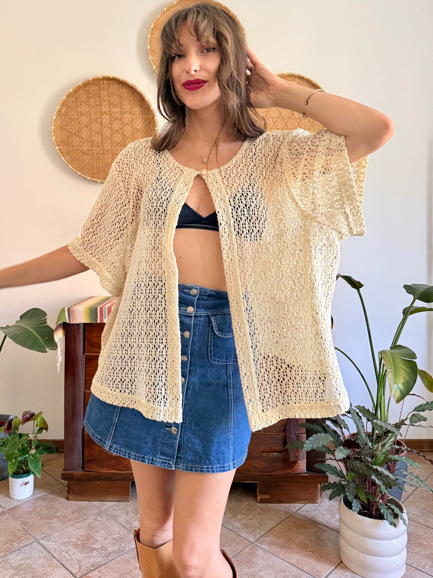 1970’s vintage oversize cream crocheted blouse
