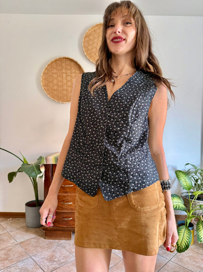 1970’s vintage black cotton vest with white floral print