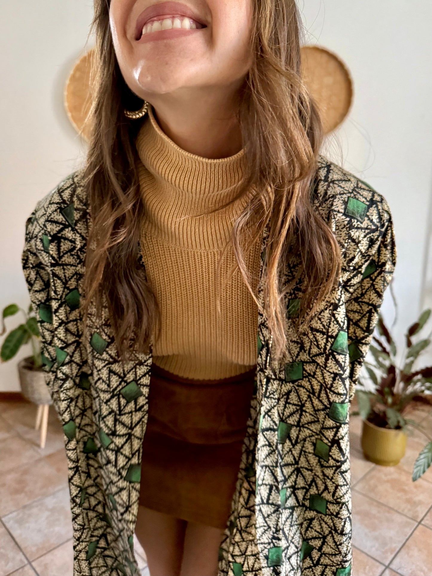 1970's vintage tan, black and green geometric print satin jacket