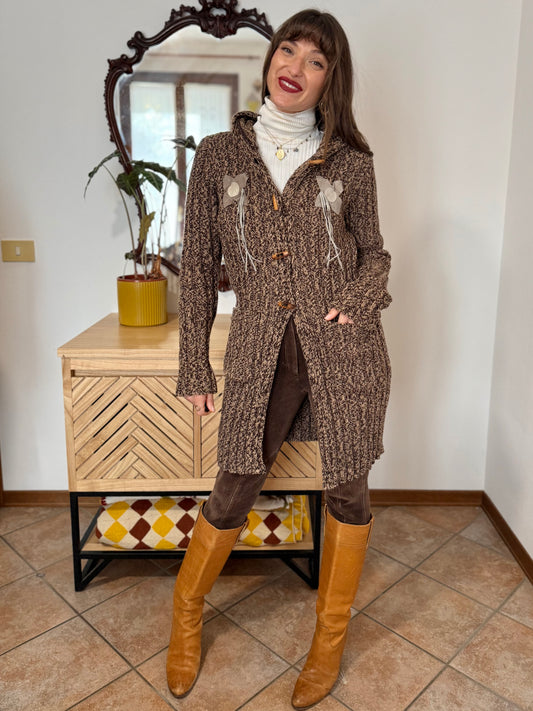 Y2K vintage chocolate brown and tan knit duster cardigan with suede flower details