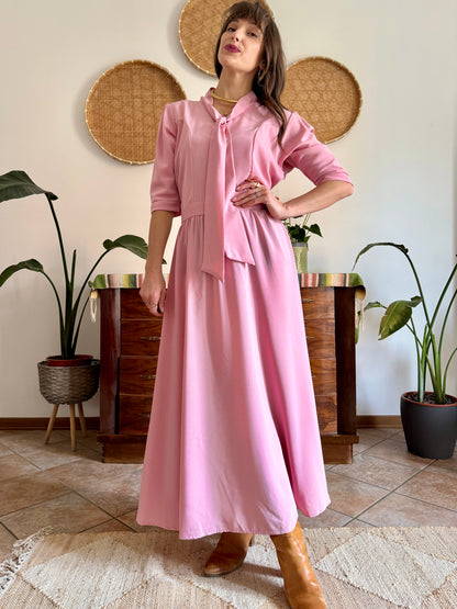1970’s vintage pink maxi dress with bow tie collar
