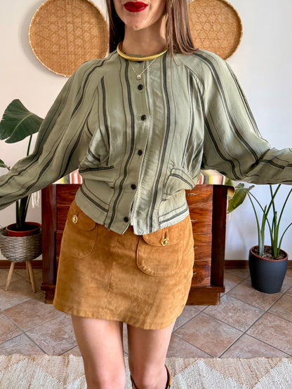 1970's vintage multi tonal vertical stripe green blouse