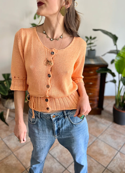 1970’s vintage coral knit cardigan with bow details