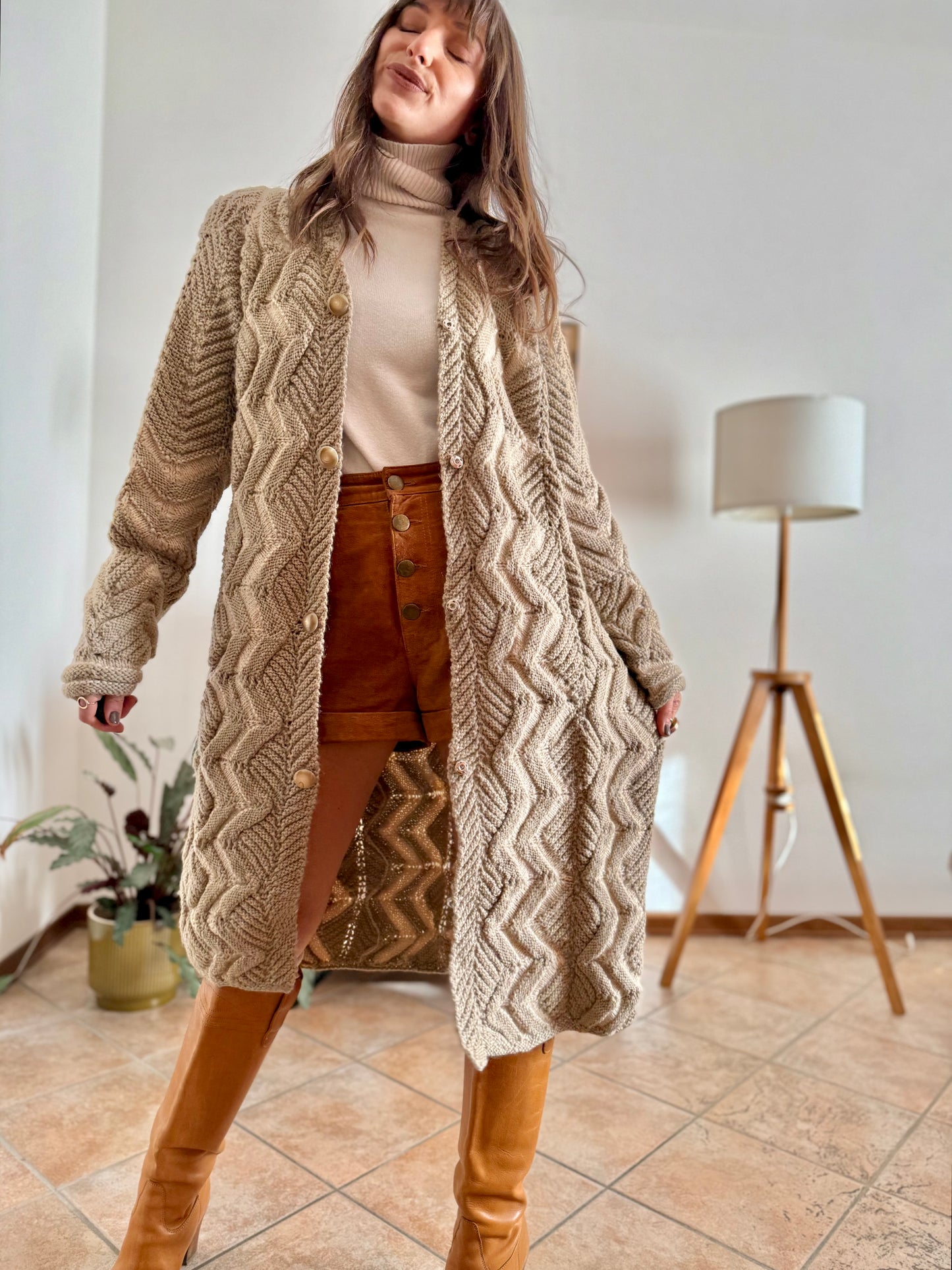 1970's vintage beige and cream chevron knit wool button down midi dress