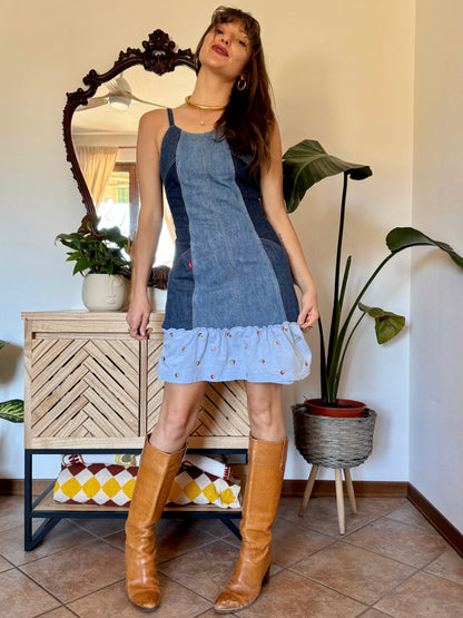 Y2k vintage denim Levi's mini dress with floral embroidery ruffle trim