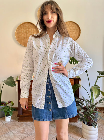 1990’s vintage white woven cotton shirt with green and beige floral design
