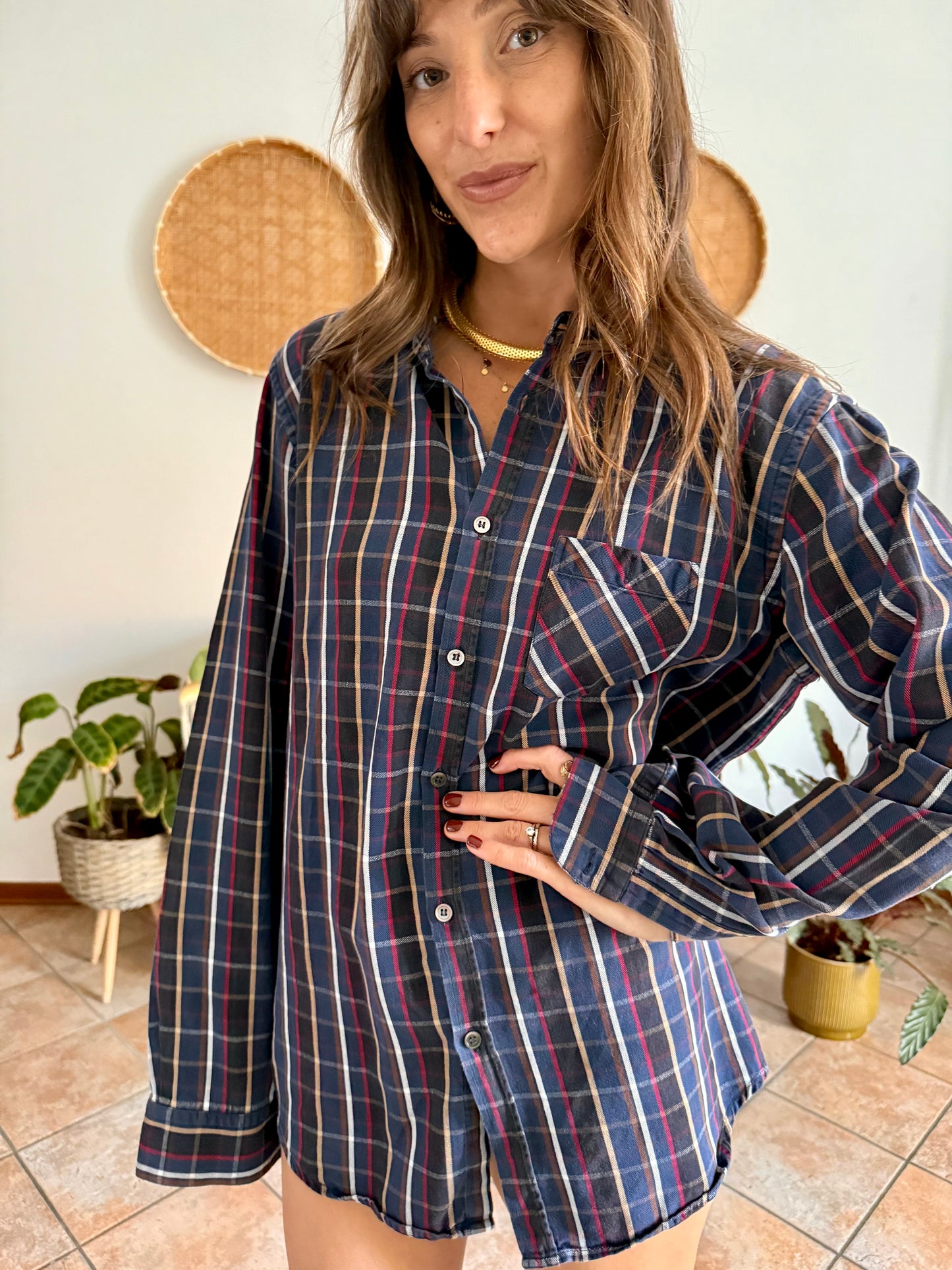 1970's vintage navy blue and chocolate brown plaid shirt