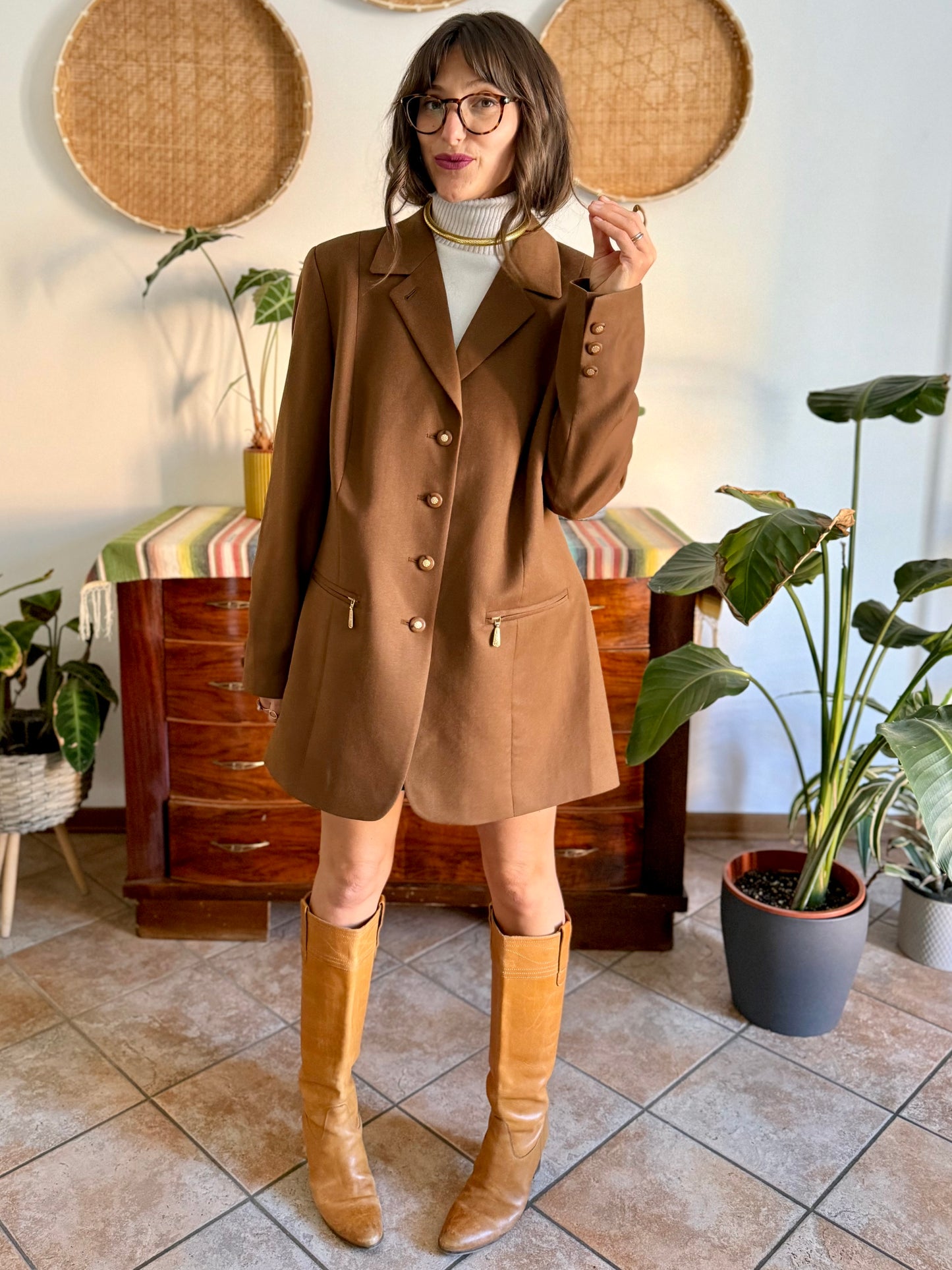 1970's vintage chocolate brown oversize wool jacket with gold metal details