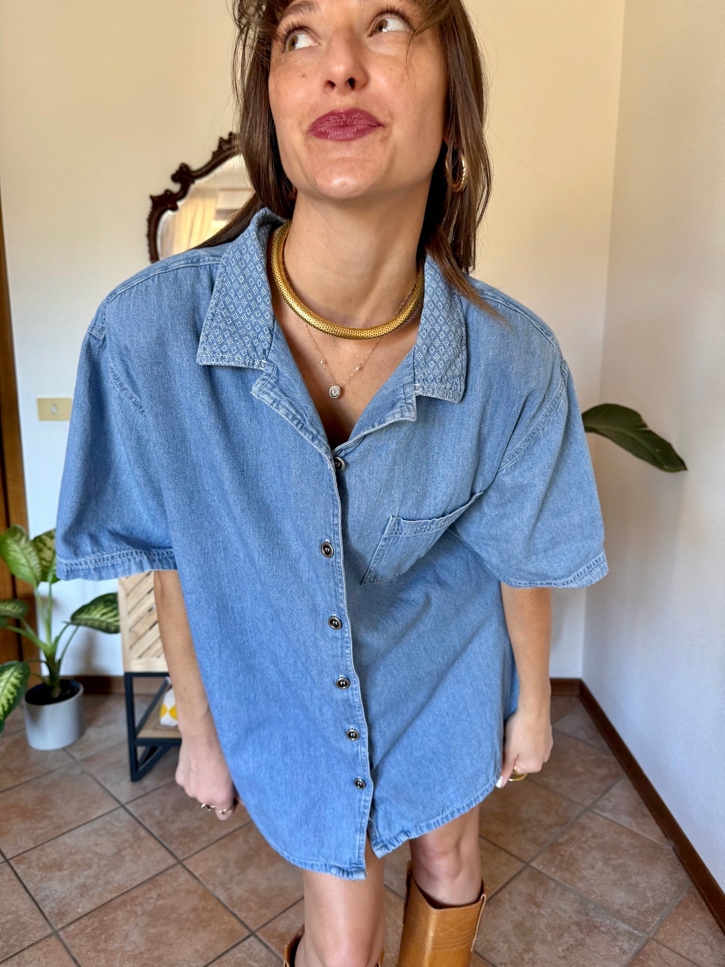 1990’s vintage light was denim shirt with geometric woven collar detailing