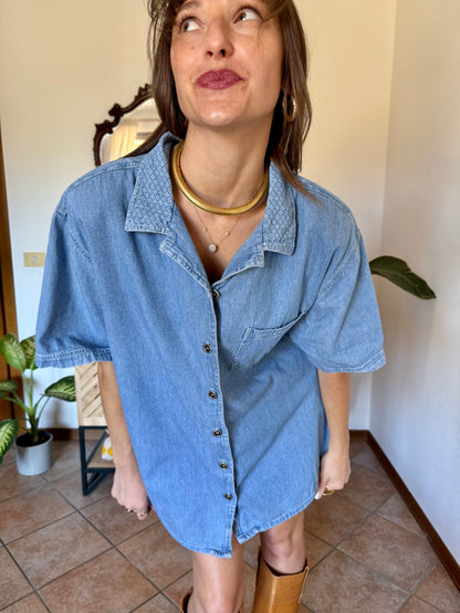 1990’s vintage light was denim shirt with geometric woven collar detailing