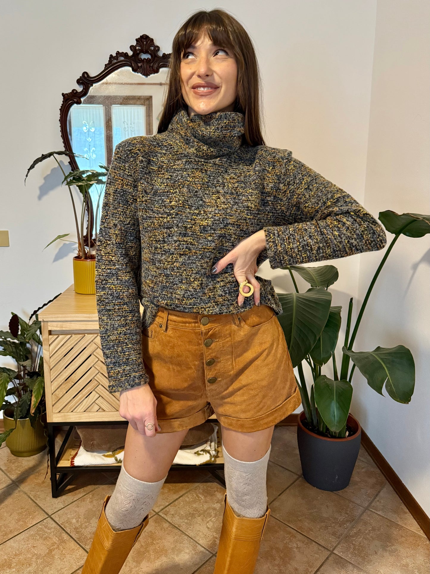 1990's vintage charcoal grey, yellow and blue boucle knit turtleneck pullover