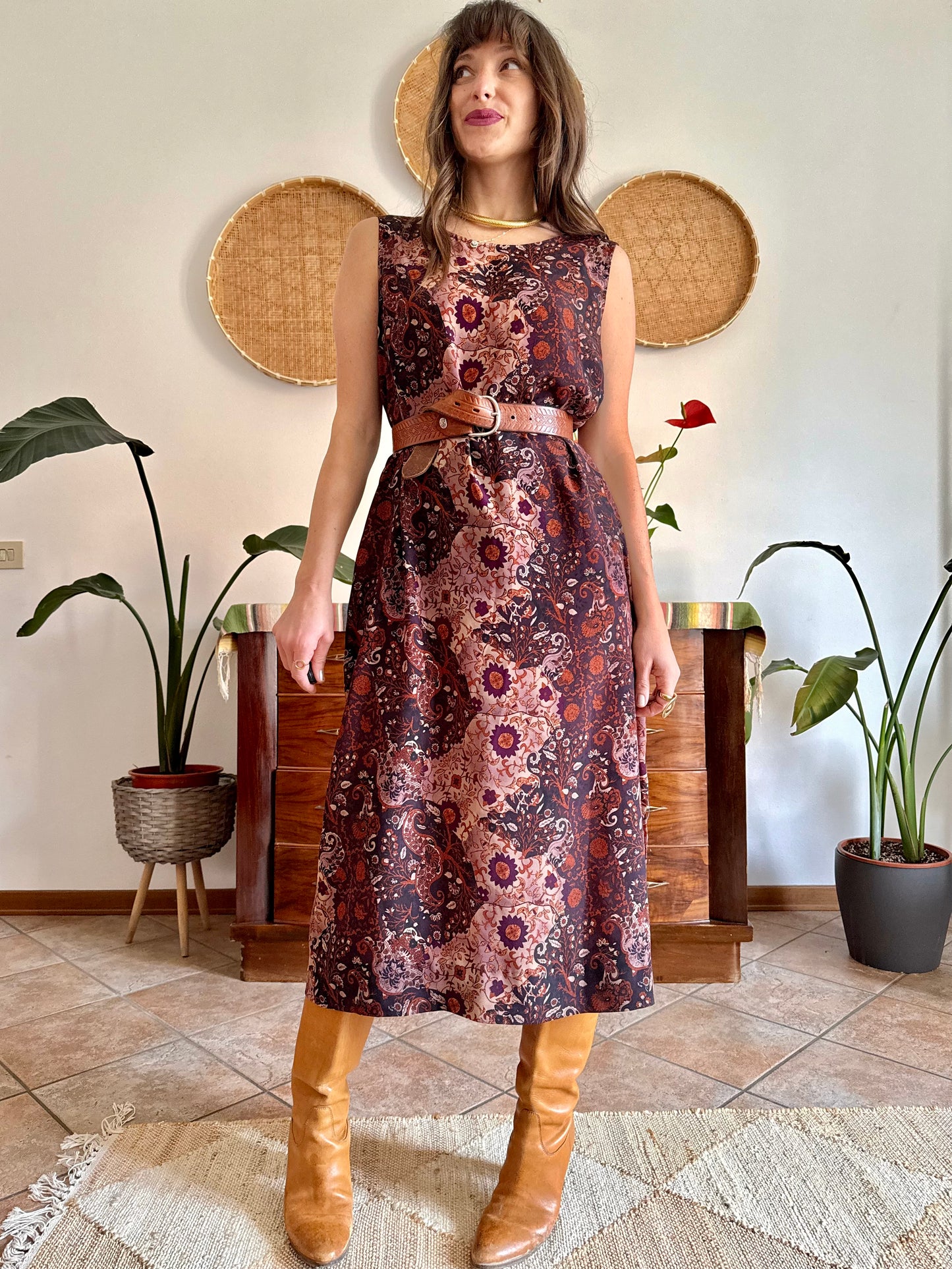 1990’s vintage burgundy, pink and orange floral paisley print maxi dress
