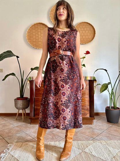 1990’s vintage burgundy, pink and orange floral paisley print maxi dress