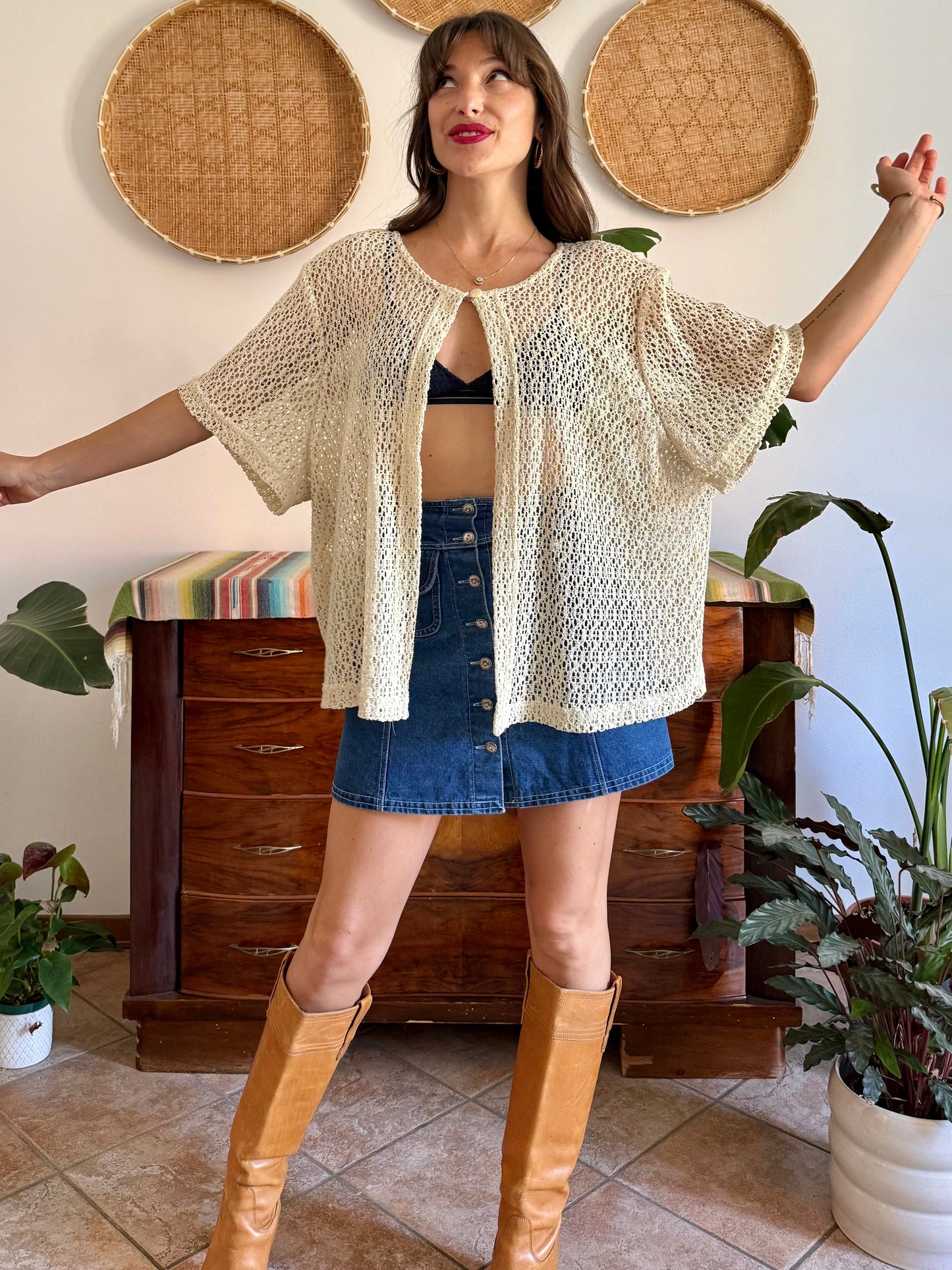 1970’s vintage oversize cream crocheted blouse