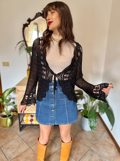 Y2k vintage black bell sleeve crocheted cardigan with silver thread accents