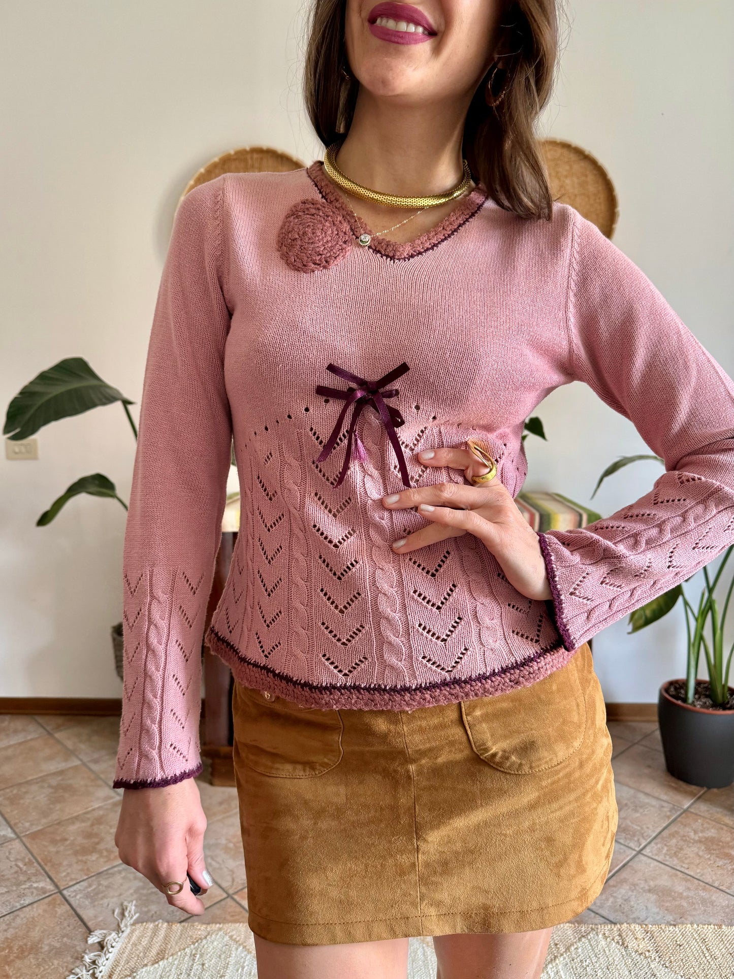 Y2K vintage pink knit bell sleeve knit pullover with bow details