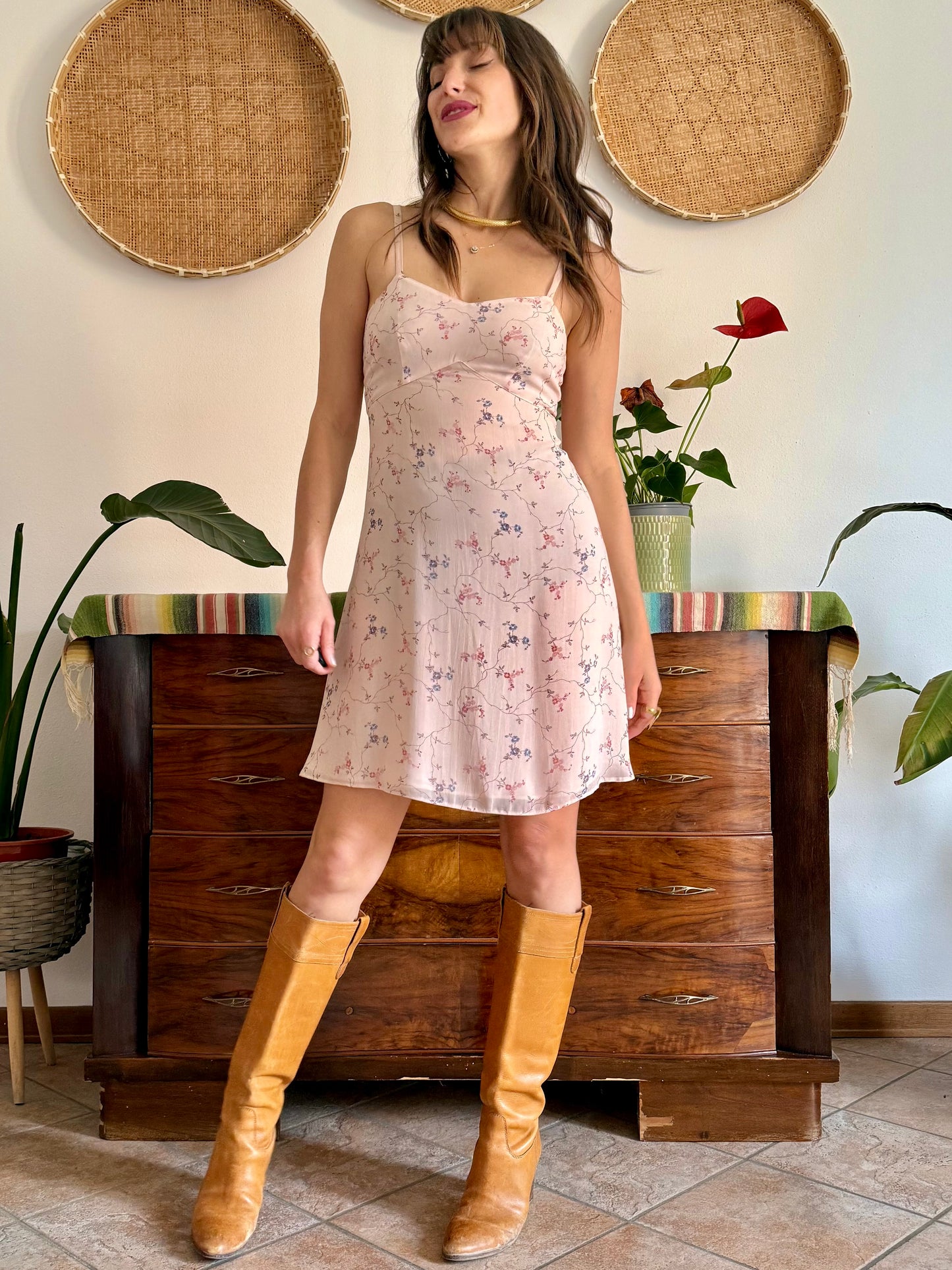 1990’s vintage powder pink slip dress with floral print