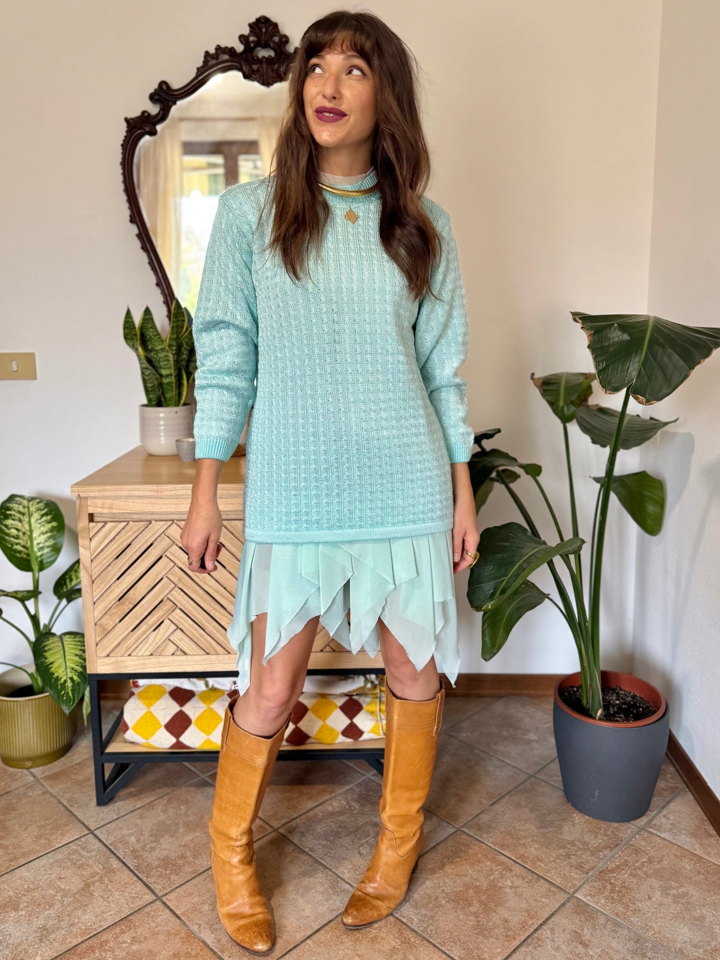 Y2k vintage light turquoise and silver wool blend  cable knit pullover