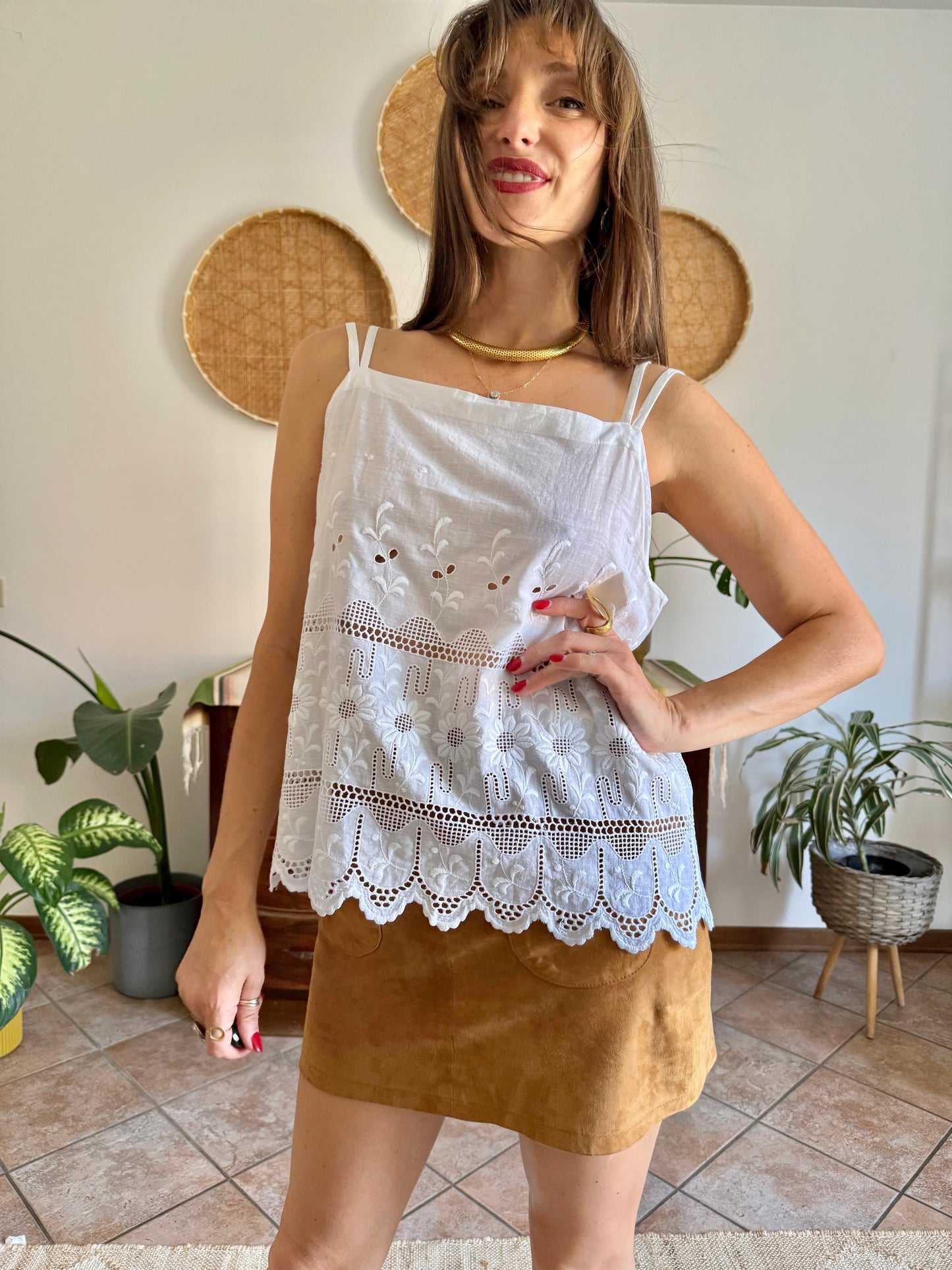 1970's vintage white crocheted and embroidered floral cotton top