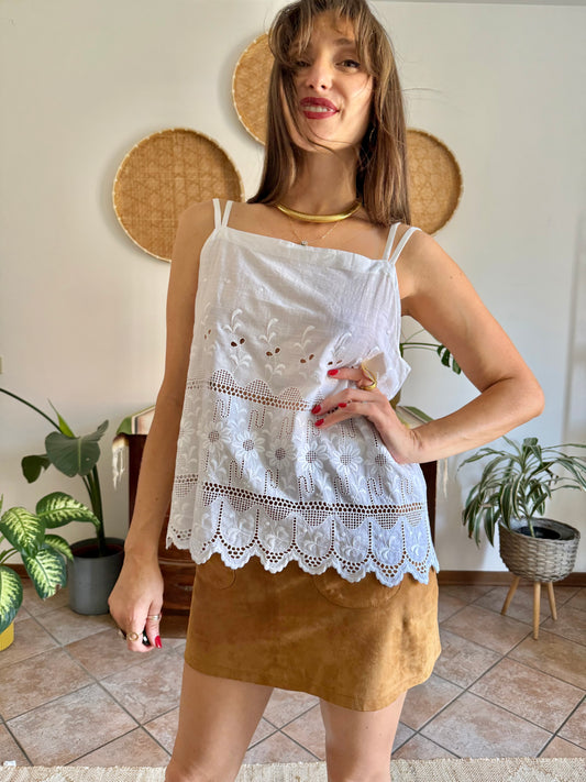 1970's vintage white crocheted and embroidered floral cotton top