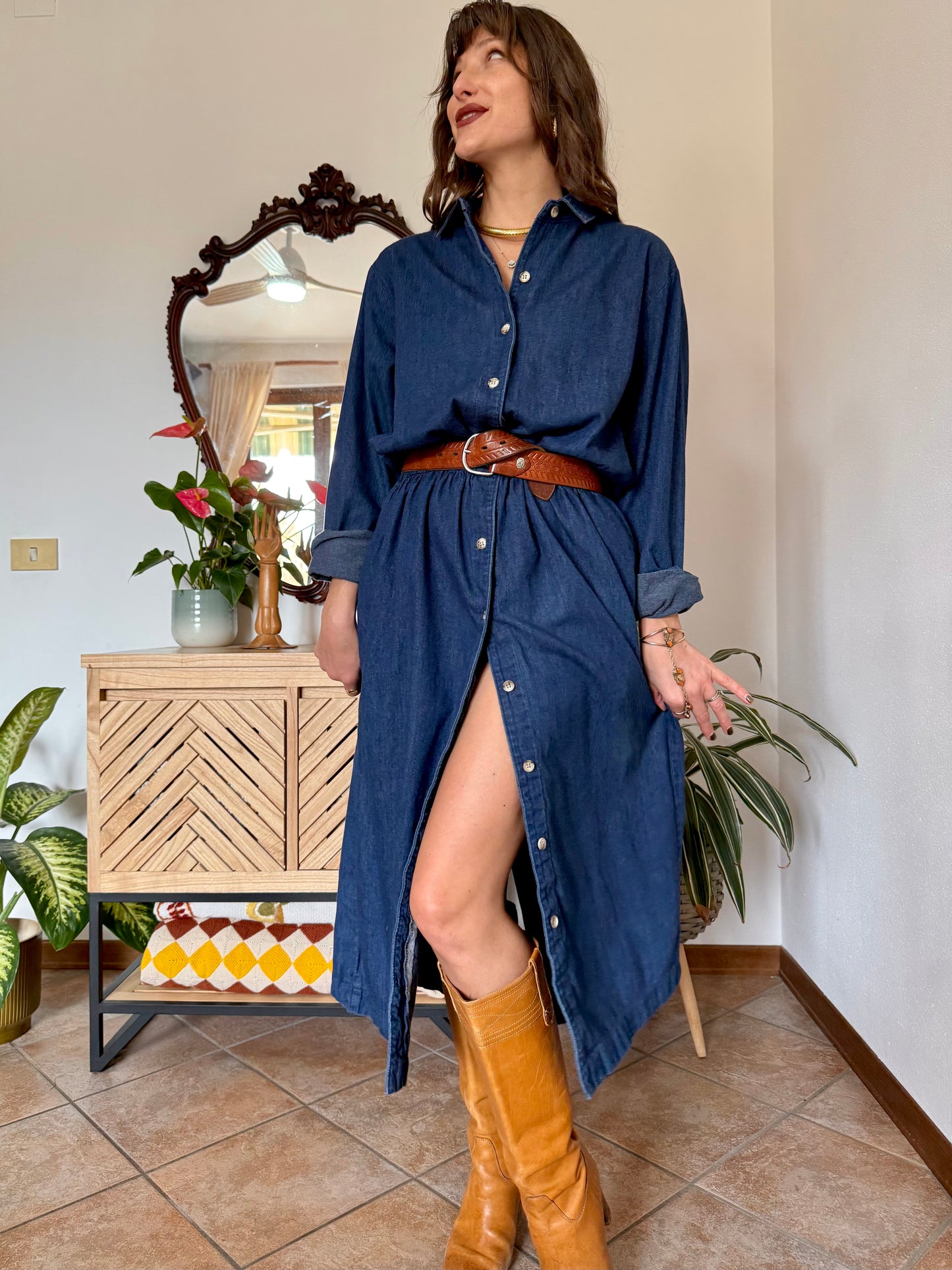 1970's vintage dark blue denim maxi dress