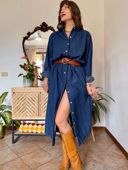 1970's vintage dark blue denim maxi dress