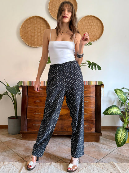 1970’s vintage black wide leg trousers with micro white floral embroidery