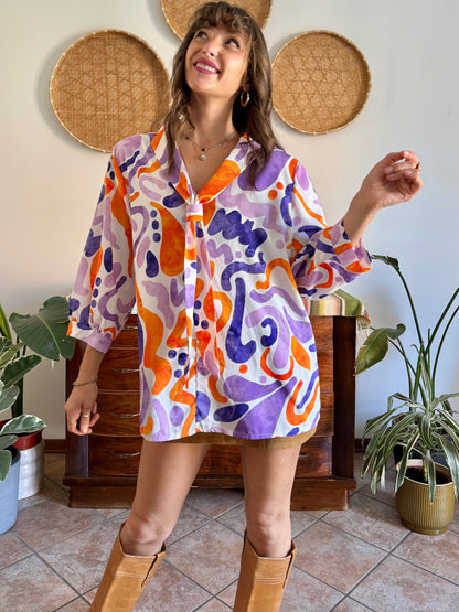 1970's vintage purple, orange and cream abstract print tie neck blouse