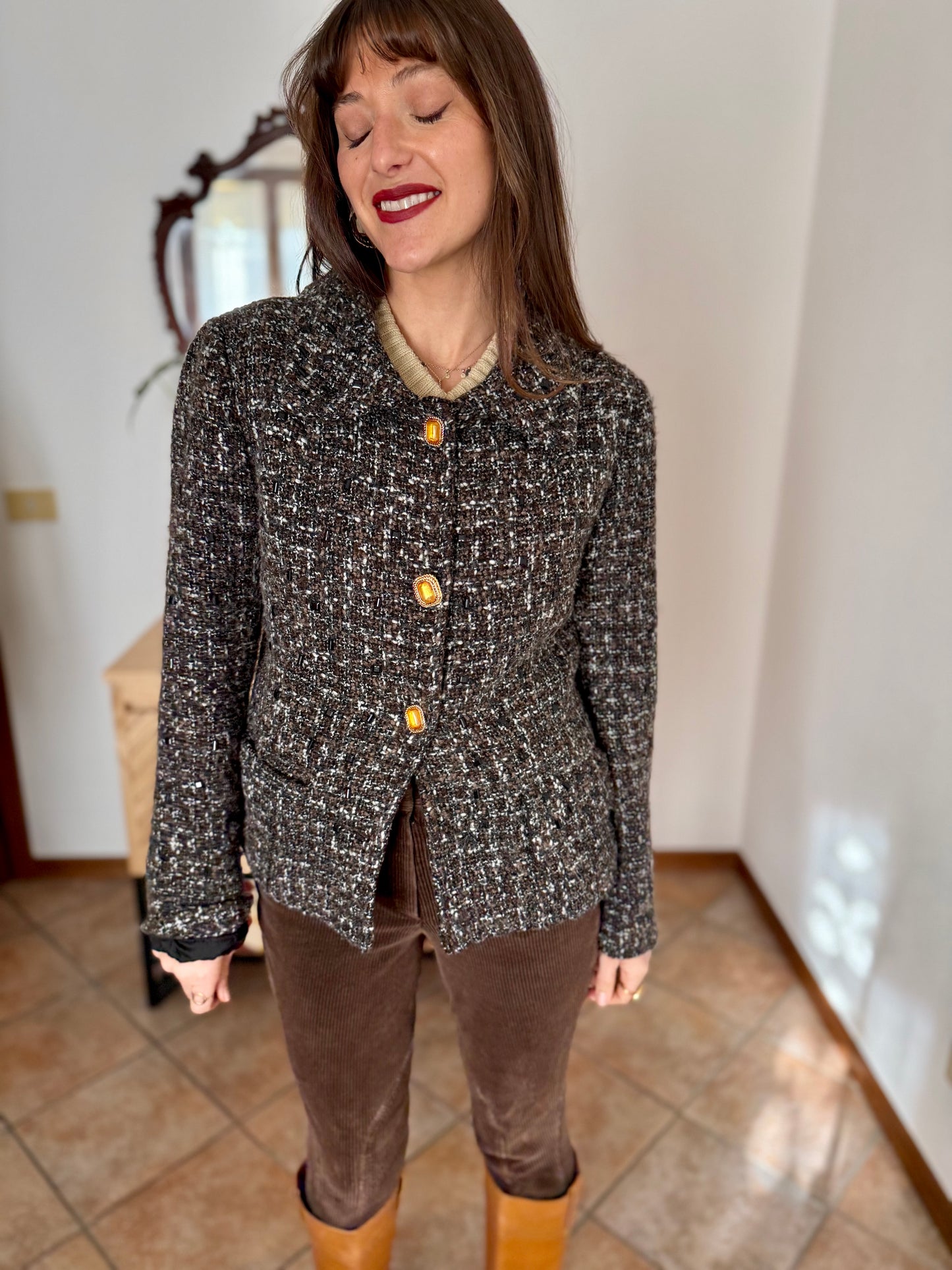 1990’s vintage black, khaki and cream boucle wool with gold and yellow glass buttons