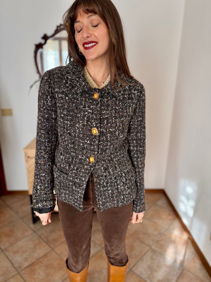 1990’s vintage black, khaki and cream boucle wool with gold and yellow glass buttons