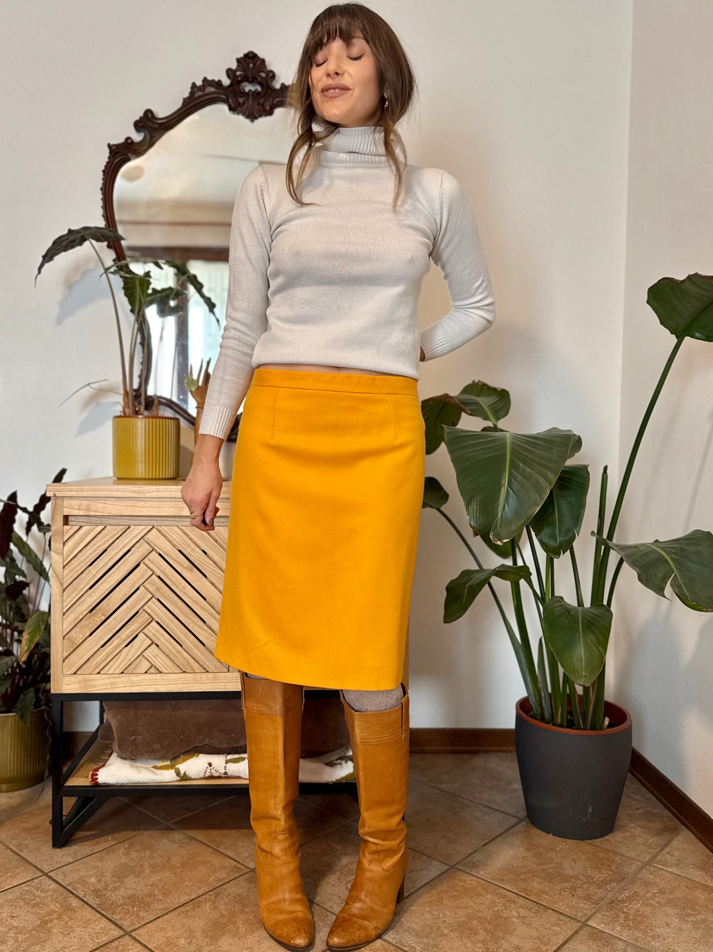 1970's vintage mustard yellow wool midi skirt
